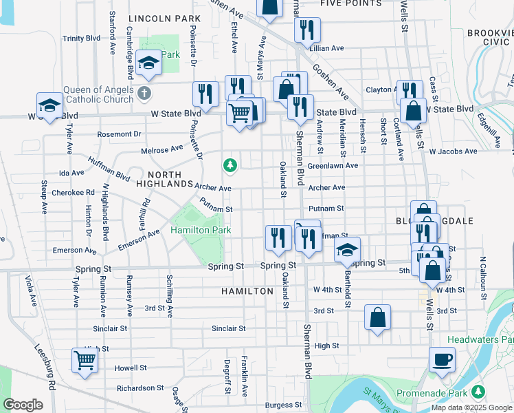 map of restaurants, bars, coffee shops, grocery stores, and more near 1729 Saint Marys Avenue in Fort Wayne