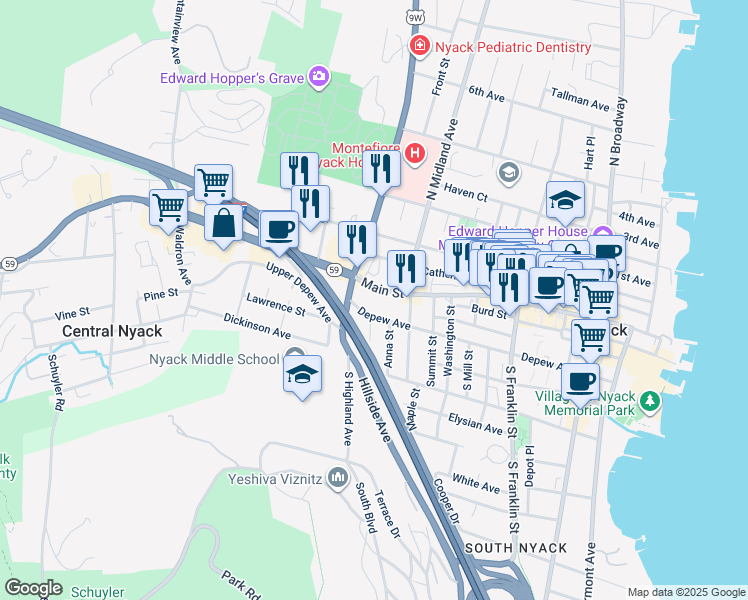 map of restaurants, bars, coffee shops, grocery stores, and more near 263 Main Street in Nyack
