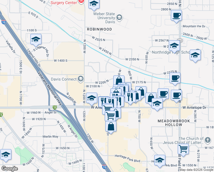 map of restaurants, bars, coffee shops, grocery stores, and more near 2175 North 1050 West in Layton