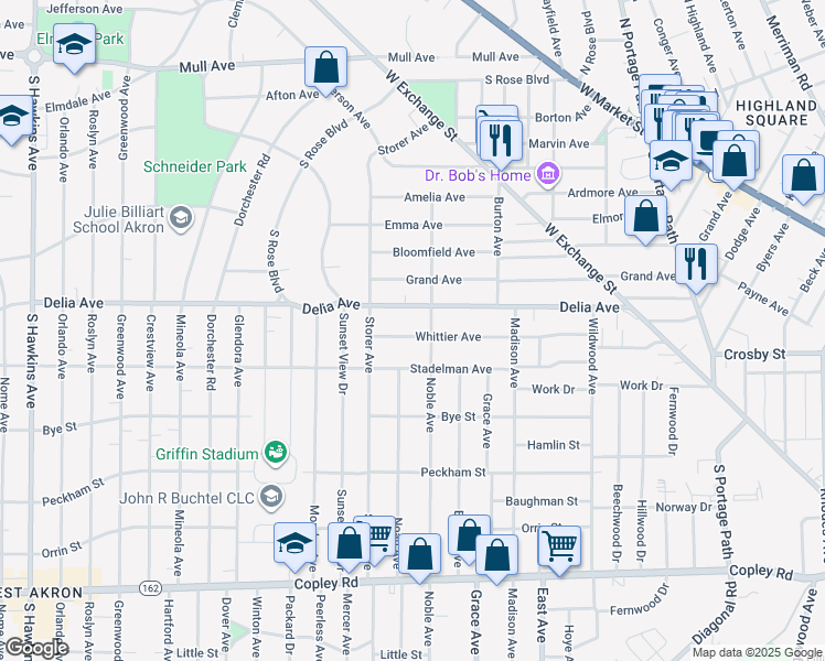 map of restaurants, bars, coffee shops, grocery stores, and more near 415 Storer Avenue in Akron