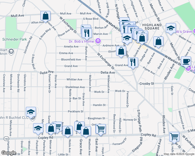 map of restaurants, bars, coffee shops, grocery stores, and more near 915 Whittier Avenue in Akron