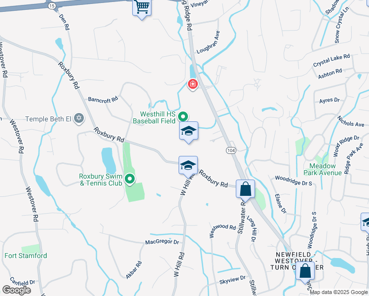 map of restaurants, bars, coffee shops, grocery stores, and more near 125 Roxbury Road in Stamford