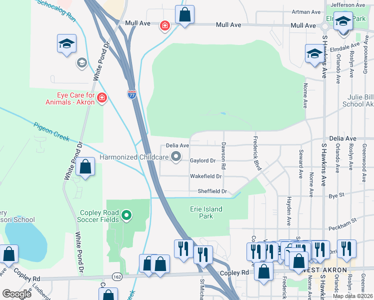 map of restaurants, bars, coffee shops, grocery stores, and more near 1793 Gaylord Drive in Akron