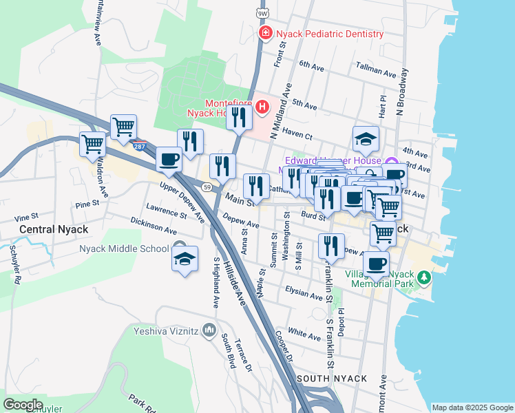 map of restaurants, bars, coffee shops, grocery stores, and more near 233 Main Street in Nyack