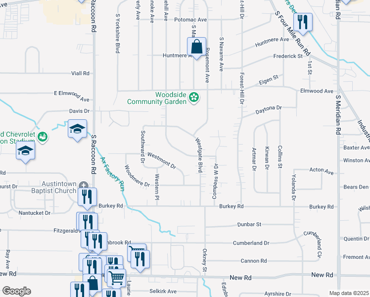 map of restaurants, bars, coffee shops, grocery stores, and more near 469 South Edgehill Avenue in Youngstown