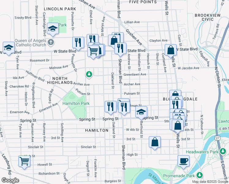 map of restaurants, bars, coffee shops, grocery stores, and more near 928 Putnam Street in Fort Wayne