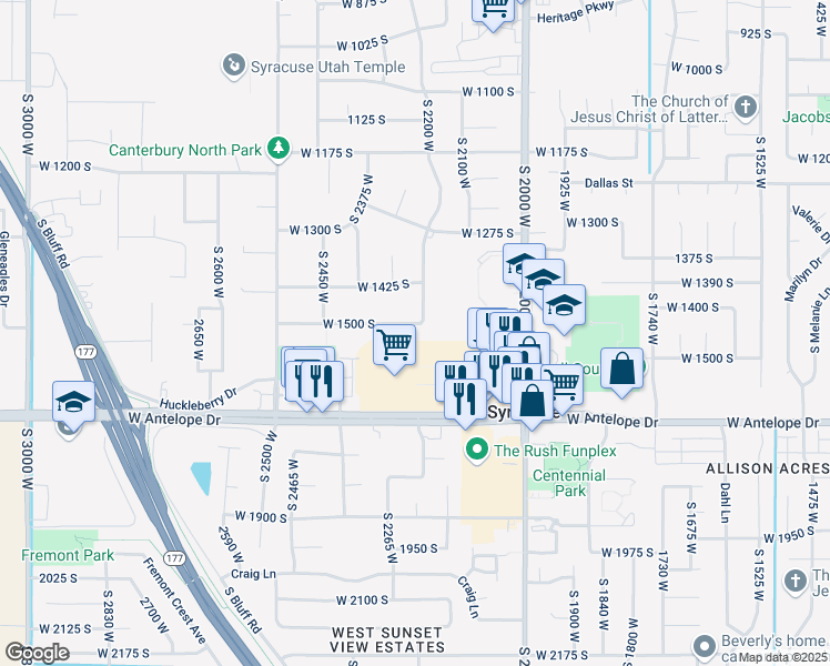 map of restaurants, bars, coffee shops, grocery stores, and more near 2275 West 1500 South in Syracuse