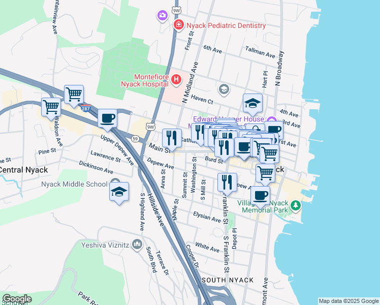 map of restaurants, bars, coffee shops, grocery stores, and more near 21 Washington Street in Nyack