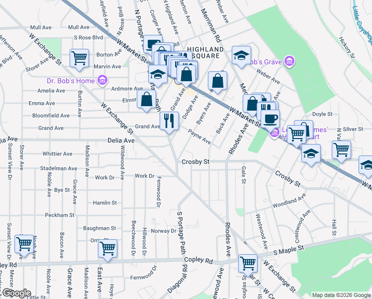 map of restaurants, bars, coffee shops, grocery stores, and more near 697 Crosby Street in Akron