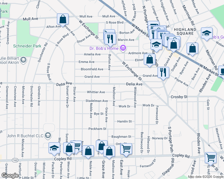 map of restaurants, bars, coffee shops, grocery stores, and more near 257 Madison Avenue in Akron