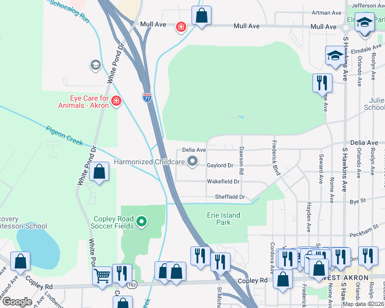 map of restaurants, bars, coffee shops, grocery stores, and more near 1838 Gaylord Drive in Akron