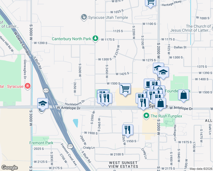 map of restaurants, bars, coffee shops, grocery stores, and more near 2453 West 1500 South in Syracuse