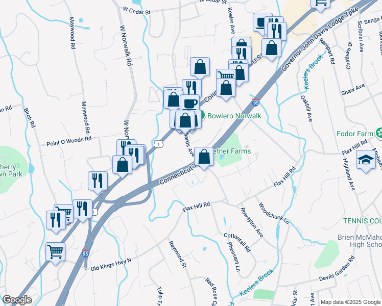 map of restaurants, bars, coffee shops, grocery stores, and more near 51 Richards Avenue in Norwalk