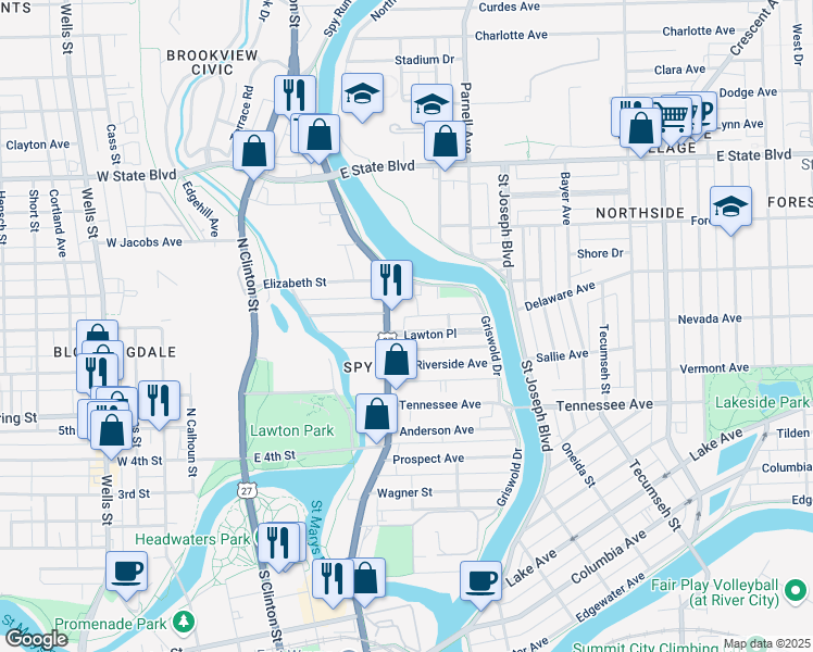 map of restaurants, bars, coffee shops, grocery stores, and more near 517 Lawton Place in Fort Wayne
