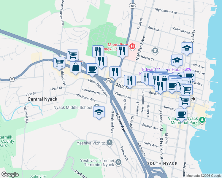 map of restaurants, bars, coffee shops, grocery stores, and more near 211 Depew Avenue in Nyack