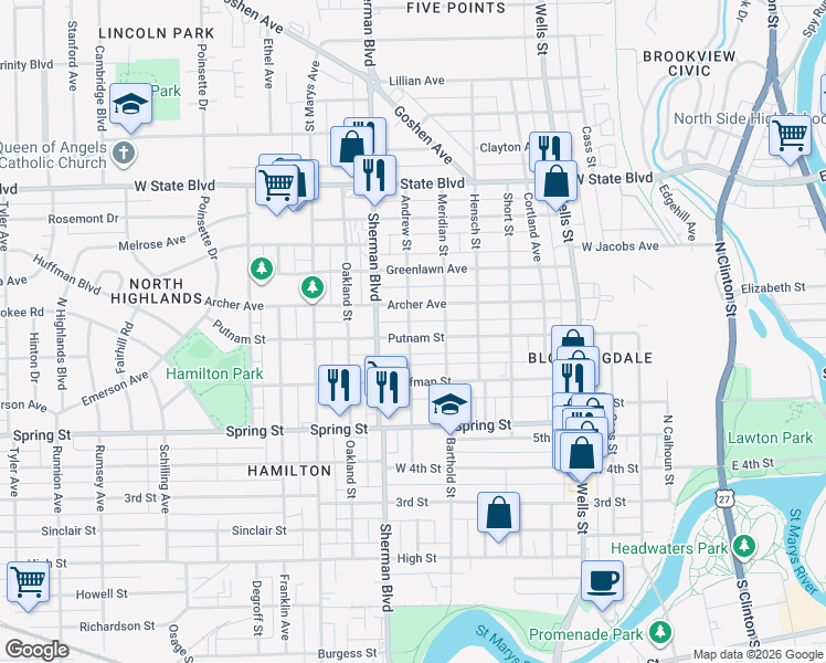 map of restaurants, bars, coffee shops, grocery stores, and more near 734 Putnam Street in Fort Wayne