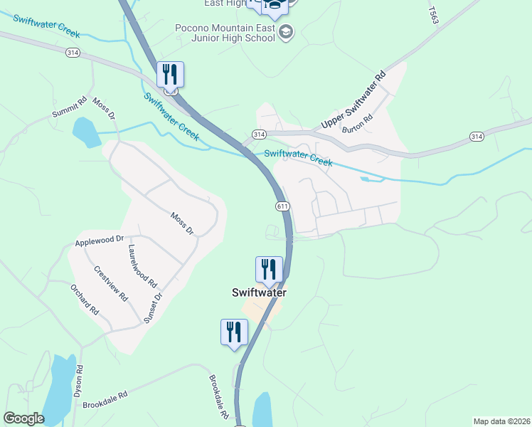 map of restaurants, bars, coffee shops, grocery stores, and more near Pennsylvania 611 in Swiftwater