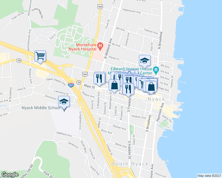 map of restaurants, bars, coffee shops, grocery stores, and more near Main Street & Washington Street in Nyack