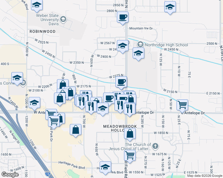 map of restaurants, bars, coffee shops, grocery stores, and more near North 525 East in Layton