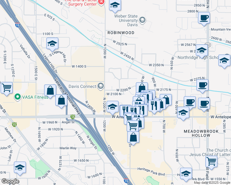 map of restaurants, bars, coffee shops, grocery stores, and more near 2223 North 1150 West in Layton