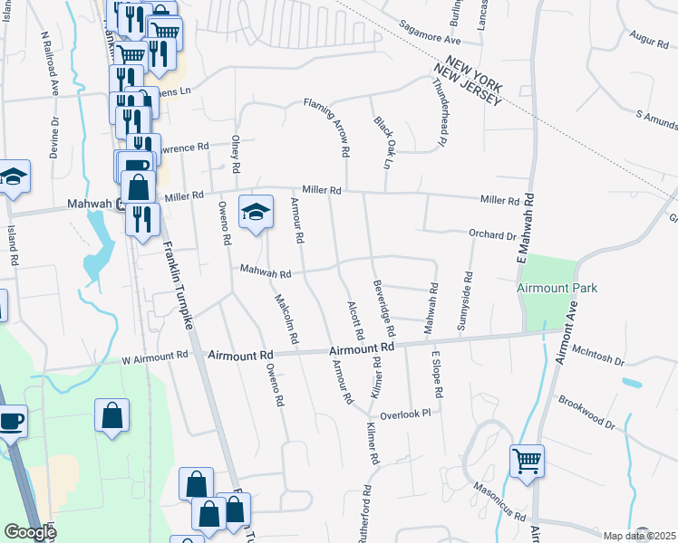 map of restaurants, bars, coffee shops, grocery stores, and more near 46 Alcott Road in Mahwah