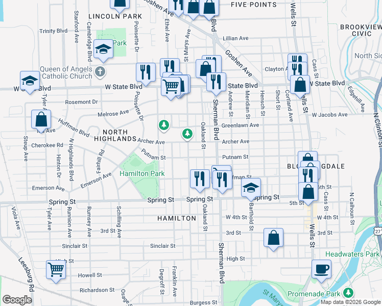 map of restaurants, bars, coffee shops, grocery stores, and more near 1115 Archer Avenue in Fort Wayne