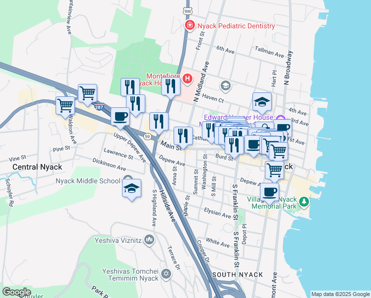 map of restaurants, bars, coffee shops, grocery stores, and more near Main Street & South Midland Avenue in Nyack