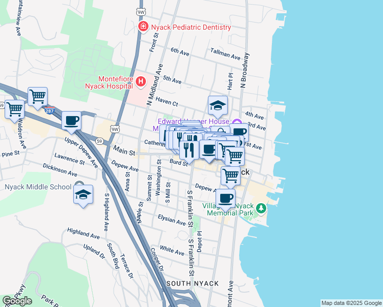 map of restaurants, bars, coffee shops, grocery stores, and more near 50 North Franklin Street in Nyack
