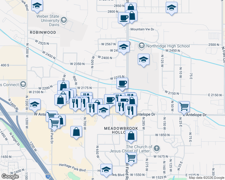 map of restaurants, bars, coffee shops, grocery stores, and more near 2234 North 500 West in Layton