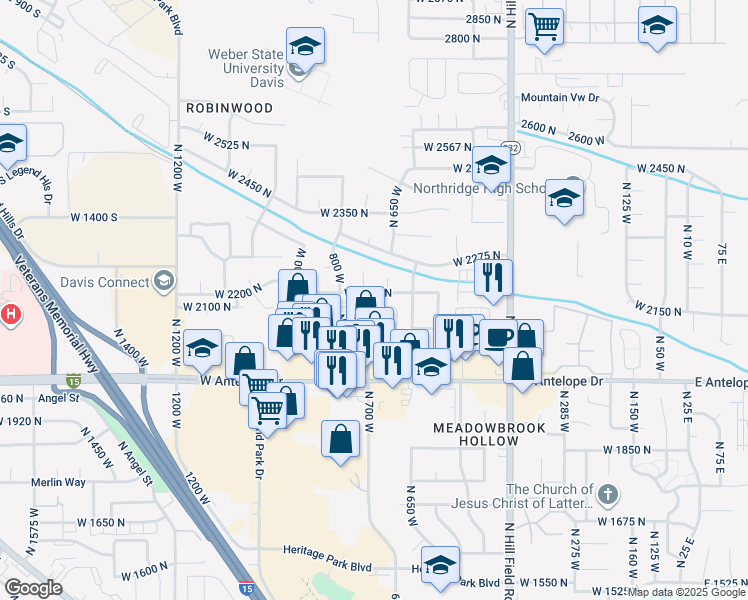 map of restaurants, bars, coffee shops, grocery stores, and more near 2206 North 725 West in Layton