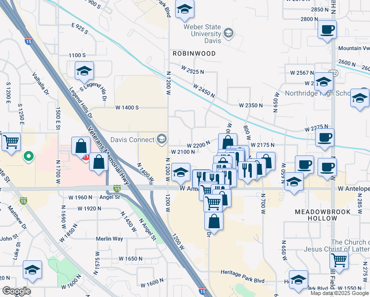 map of restaurants, bars, coffee shops, grocery stores, and more near 2223 North 1150 West in Layton