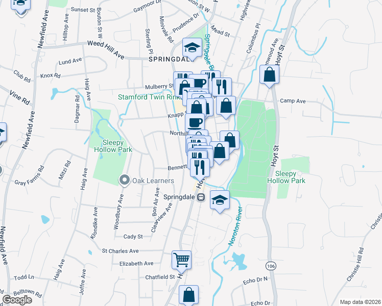 map of restaurants, bars, coffee shops, grocery stores, and more near 1005 Hope Street in Stamford