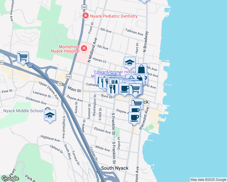 map of restaurants, bars, coffee shops, grocery stores, and more near 50 North Franklin Street in Nyack