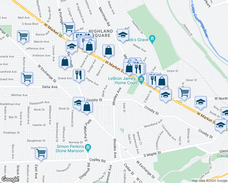 map of restaurants, bars, coffee shops, grocery stores, and more near 57 Belvidere Way in Akron