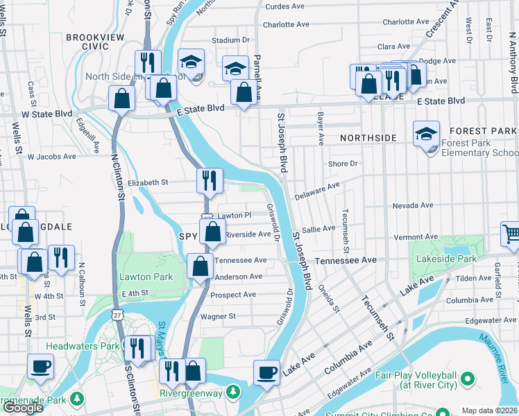 map of restaurants, bars, coffee shops, grocery stores, and more near 1600 Griswold Drive in Fort Wayne