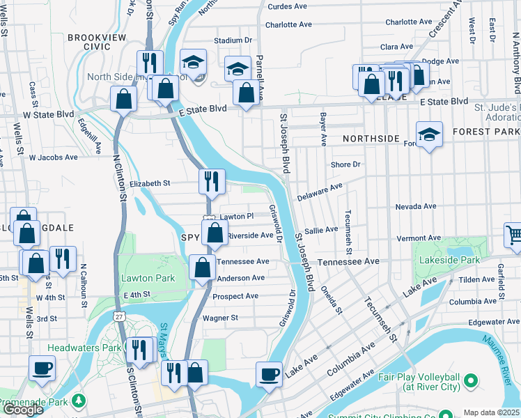 map of restaurants, bars, coffee shops, grocery stores, and more near 1600 Griswold Drive in Fort Wayne