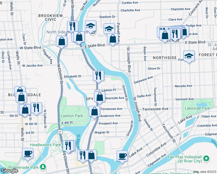 map of restaurants, bars, coffee shops, grocery stores, and more near 1945 Griswold Drive in Fort Wayne