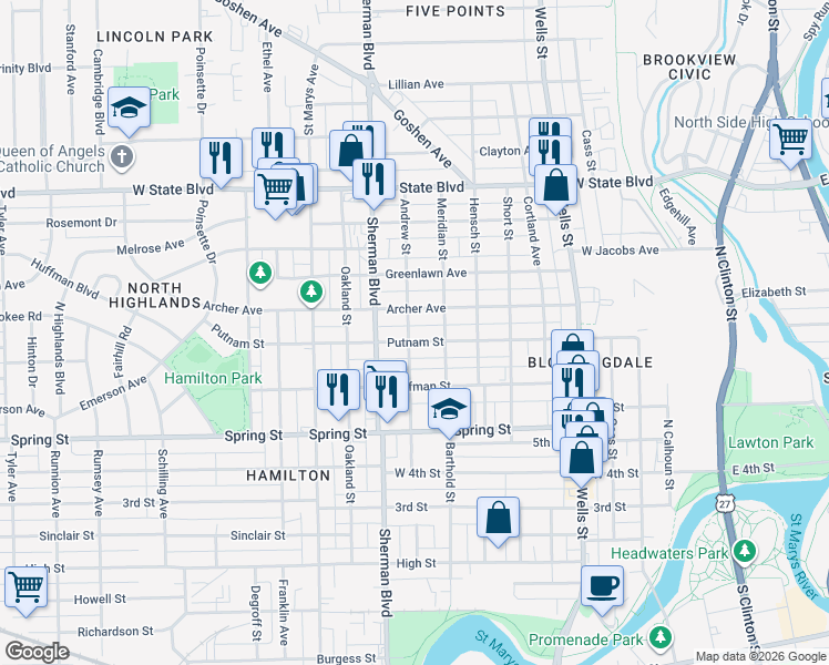 map of restaurants, bars, coffee shops, grocery stores, and more near 726 Archer Avenue in Fort Wayne