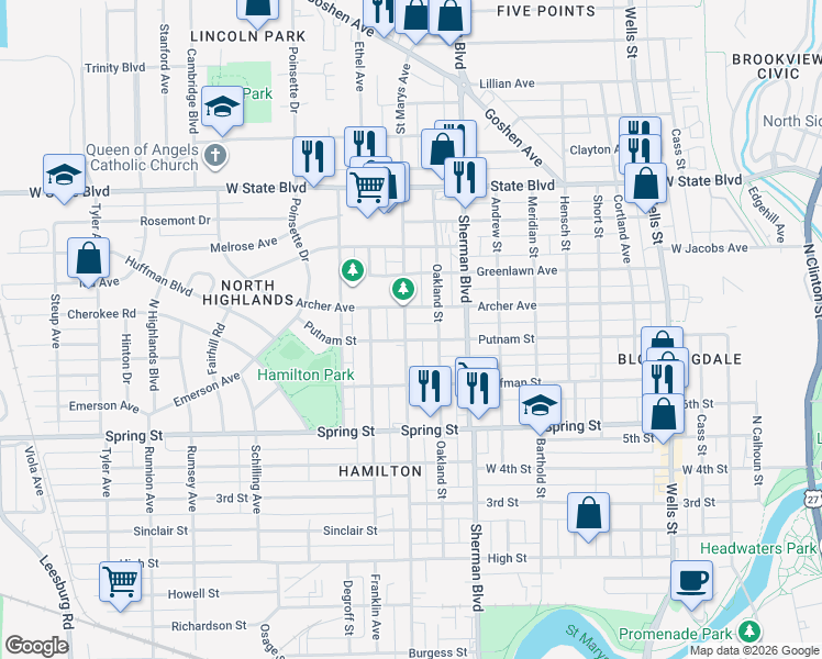 map of restaurants, bars, coffee shops, grocery stores, and more near 1115 Archer Avenue in Fort Wayne