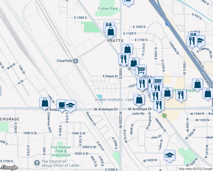 map of restaurants, bars, coffee shops, grocery stores, and more near 1550 South 1000 East in Clearfield