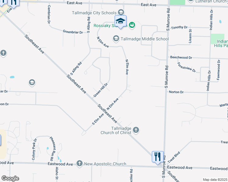 map of restaurants, bars, coffee shops, grocery stores, and more near 318 North Elm Avenue in Tallmadge
