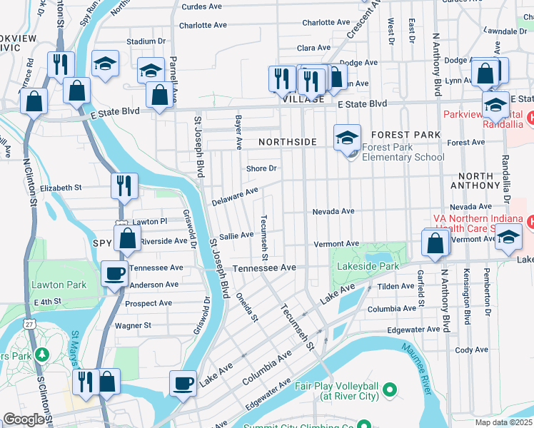 map of restaurants, bars, coffee shops, grocery stores, and more near 1726 Tecumseh Street in Fort Wayne