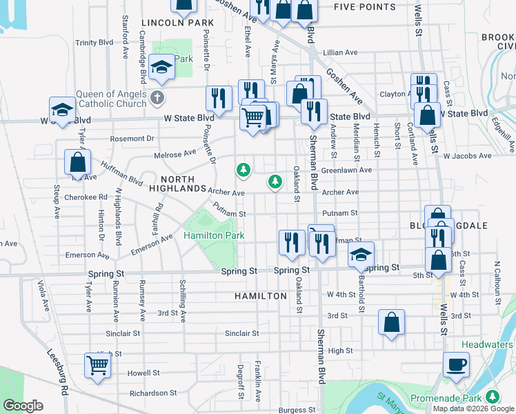 map of restaurants, bars, coffee shops, grocery stores, and more near 1812 Franklin Avenue in Fort Wayne