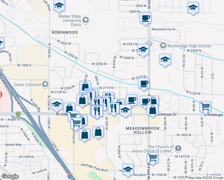 map of restaurants, bars, coffee shops, grocery stores, and more near 2206 North 725 West in Layton