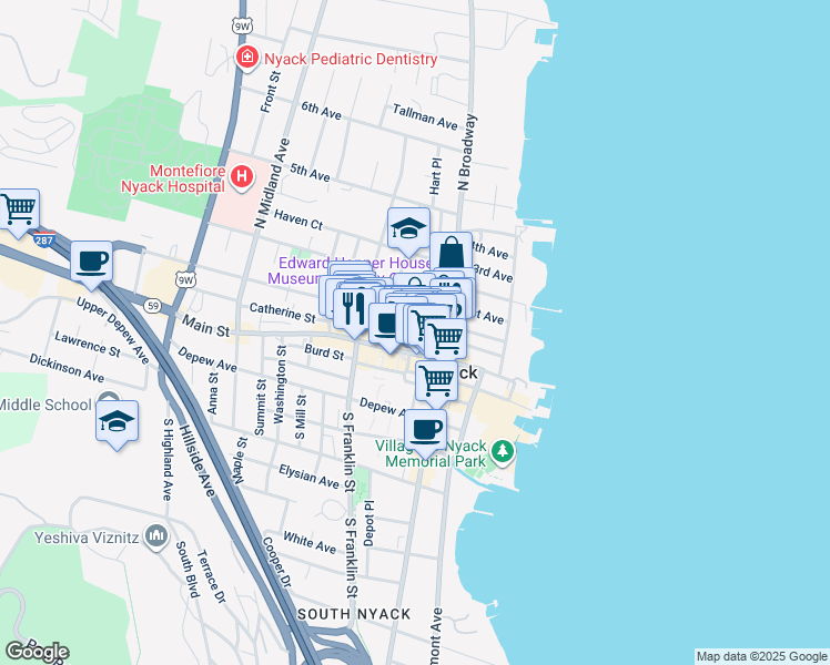 map of restaurants, bars, coffee shops, grocery stores, and more near 88 High Avenue in Nyack