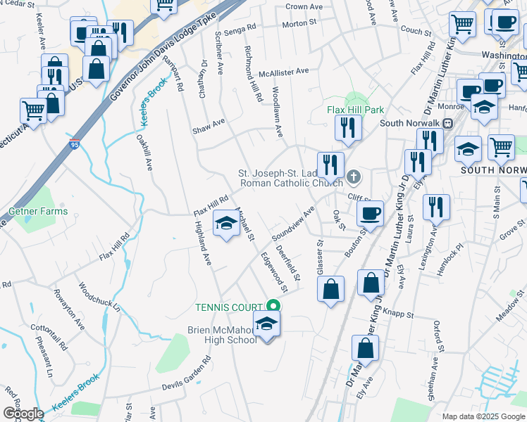 map of restaurants, bars, coffee shops, grocery stores, and more near 14 Hadik Parkway in Norwalk