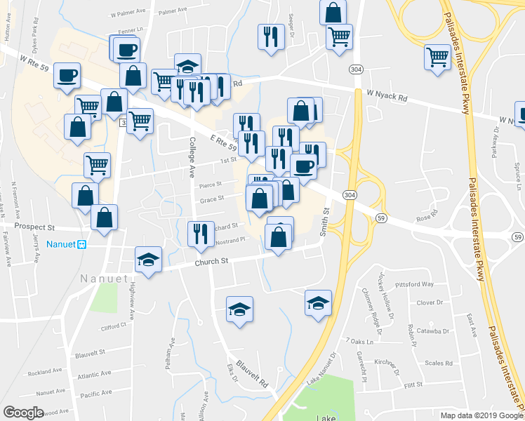 map of restaurants, bars, coffee shops, grocery stores, and more near 45 Rockland Center in Nanuet