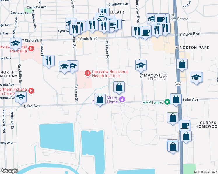 map of restaurants, bars, coffee shops, grocery stores, and more near 1688 Hobson Road in Fort Wayne