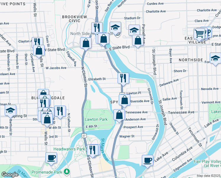 map of restaurants, bars, coffee shops, grocery stores, and more near 453 Nussbaum Avenue in Fort Wayne