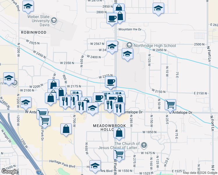 map of restaurants, bars, coffee shops, grocery stores, and more near 2234 North 500 West in Layton
